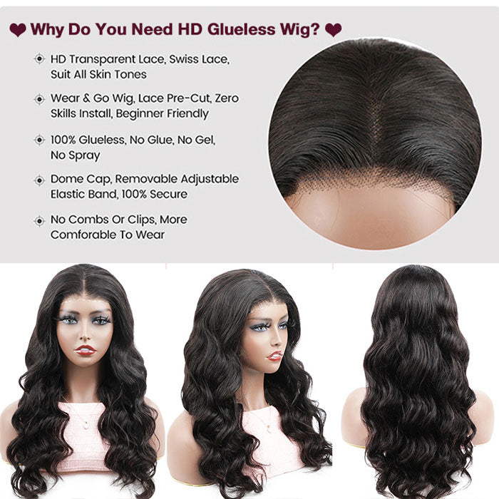 Air Cap-Glueless Body Wave Pre-Cut HD Lace Closure Human Hair Wigs