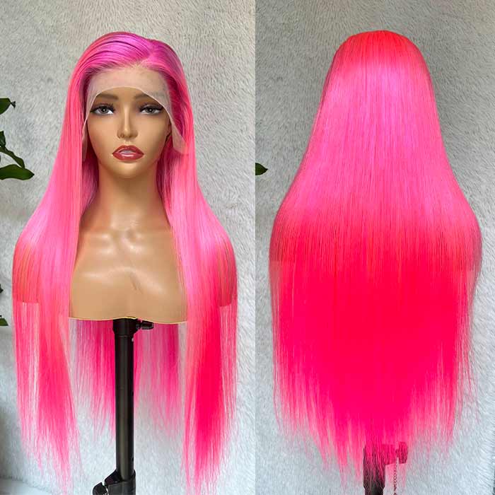 Hot Pink Ombre Wig 13x4 HD Lace Frontal Wigs Straight Human Hair