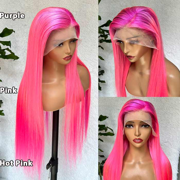 Hot Pink Ombre Wig 13x4 HD Lace Frontal Wigs Straight Human Hair