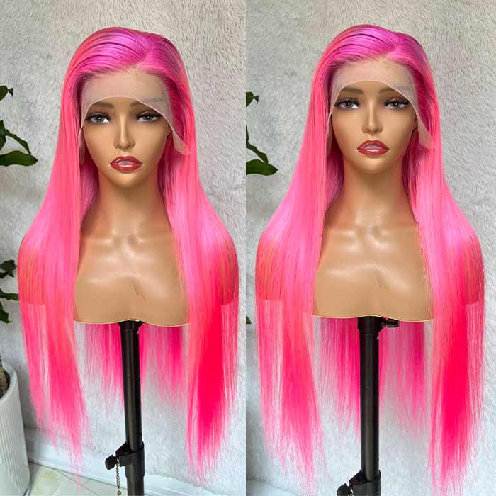 Hot Pink Ombre Wig 13x4 HD Lace Frontal Wigs Straight Human Hair