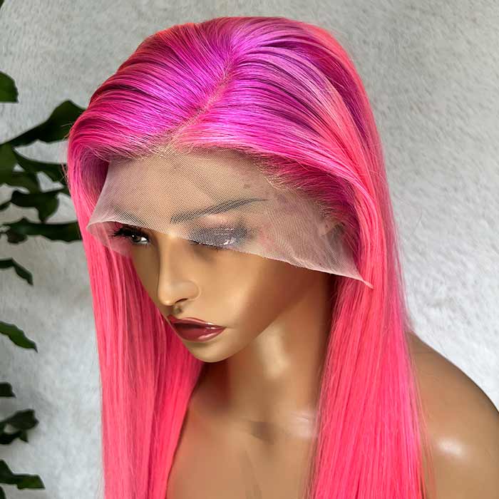Hot Pink Ombre Wig 13x4 HD Lace Frontal Wigs Straight Human Hair