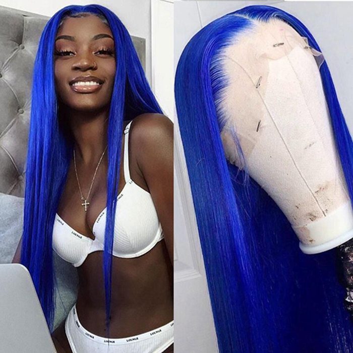 13x4 Transparent HD Lace Front Pre-Plucked Blue Human Hair Wigs For Women