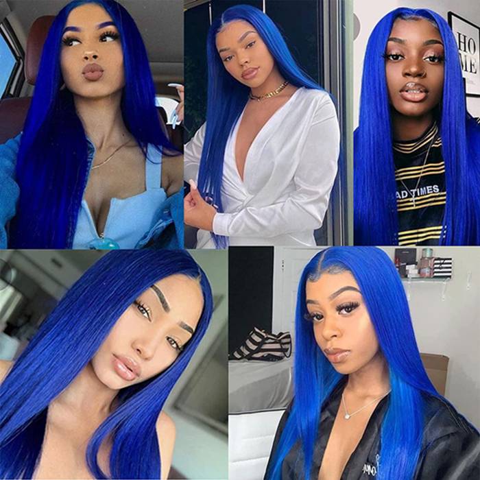 13x4 Transparent HD Lace Front Pre-Plucked Blue Human Hair Wigs For Women