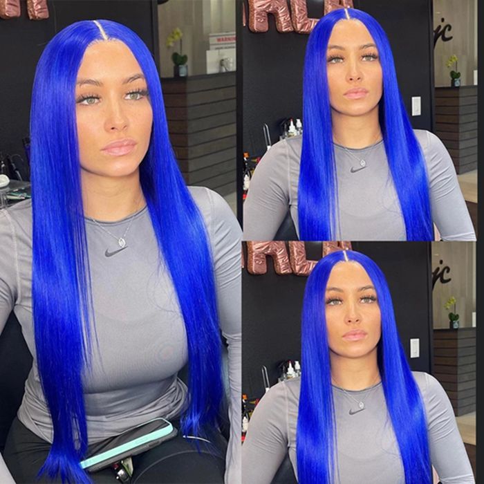 13x4 Transparent HD Lace Front Pre-Plucked Blue Human Hair Wigs For Women