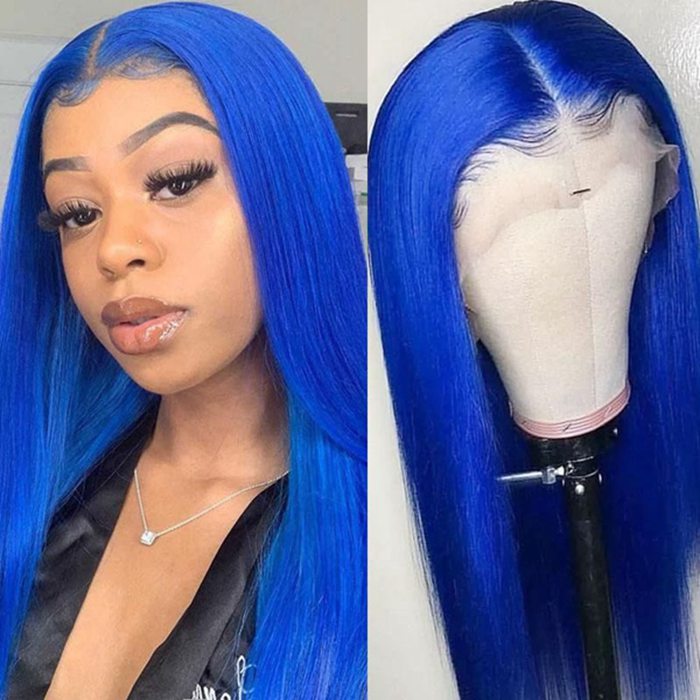 13x4 Transparent HD Lace Front Pre-Plucked Blue Human Hair Wigs For Women