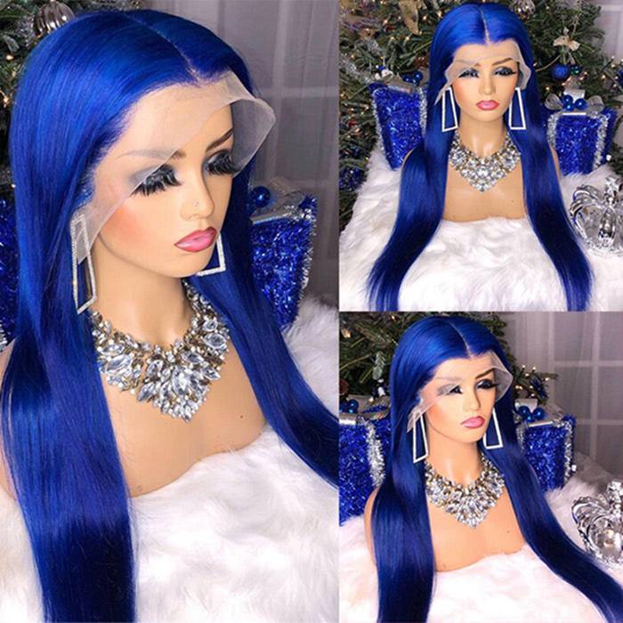 13x4 Transparent HD Lace Front Pre-Plucked Blue Human Hair Wigs For Women