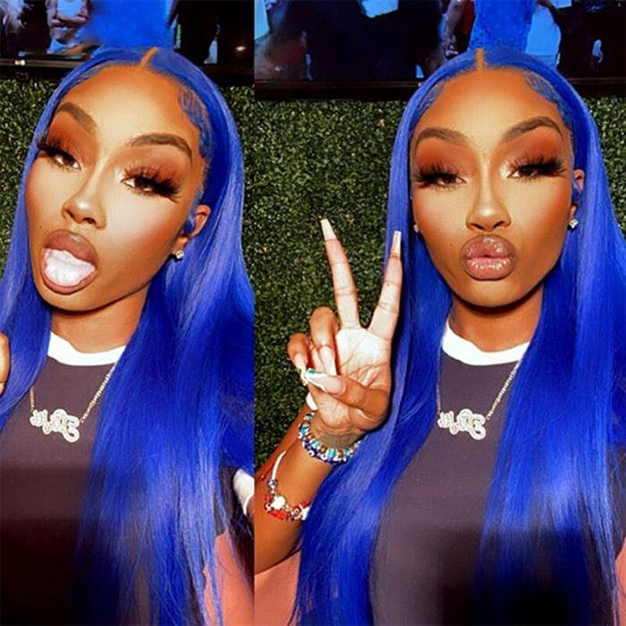 13x4 Transparent HD Lace Front Pre-Plucked Blue Human Hair Wigs For Women