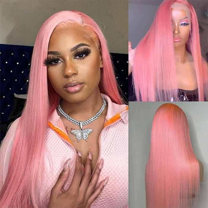 Pink Color Straight 13x4 Lace Front Human Hair Wigs For Black Women