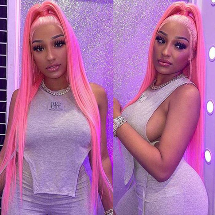 Pink Color Straight 13x4 Lace Front Human Hair Wigs For Black Women