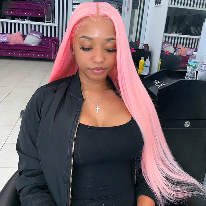 Pink Color Straight 13x4 Lace Front Human Hair Wigs For Black Women