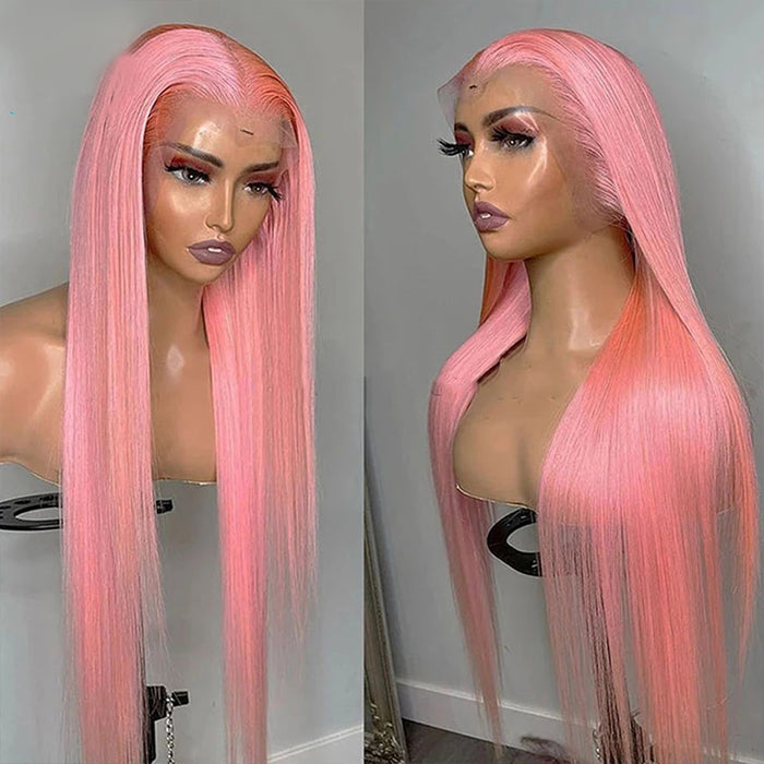 Pink Color Straight 13x4 Lace Front Human Hair Wigs For Black Women