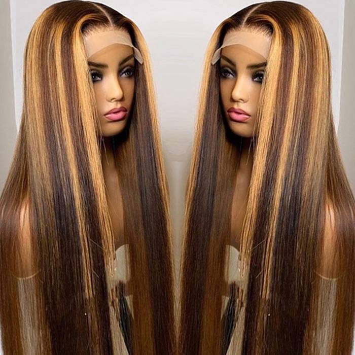 13x4 Highlight Lace Front Wig P4/27 Piano Color Straight Human Hair Wigs