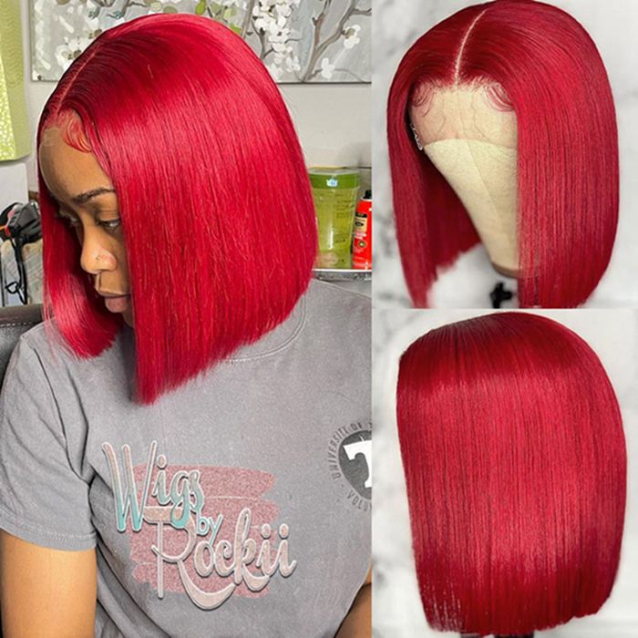 13x4 Transparent HD Lace Front Brazilian Remy Hair Straight Red Bob Wigs