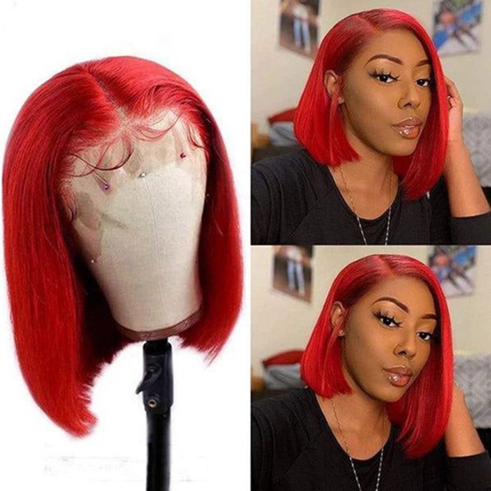 13x4 Transparent HD Lace Front Brazilian Remy Hair Straight Red Bob Wigs