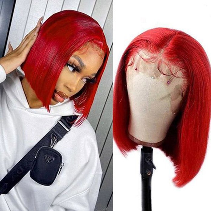 13x4 Transparent HD Lace Front Brazilian Remy Hair Straight Red Bob Wigs