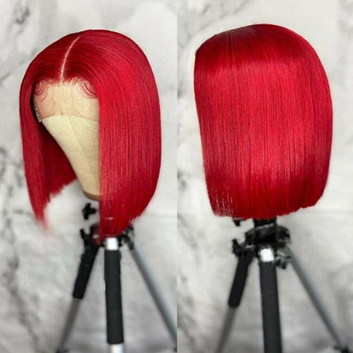 13x4 Transparent HD Lace Front Brazilian Remy Hair Straight Red Bob Wigs