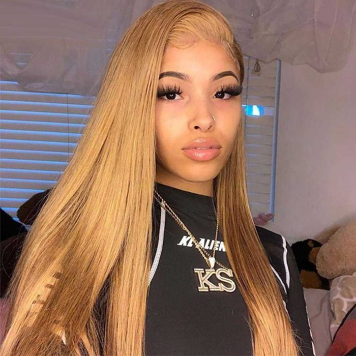 27 Hair Color Honey Blonde Straight Brazilian Human Hair 4x4 Lace Closure Wig