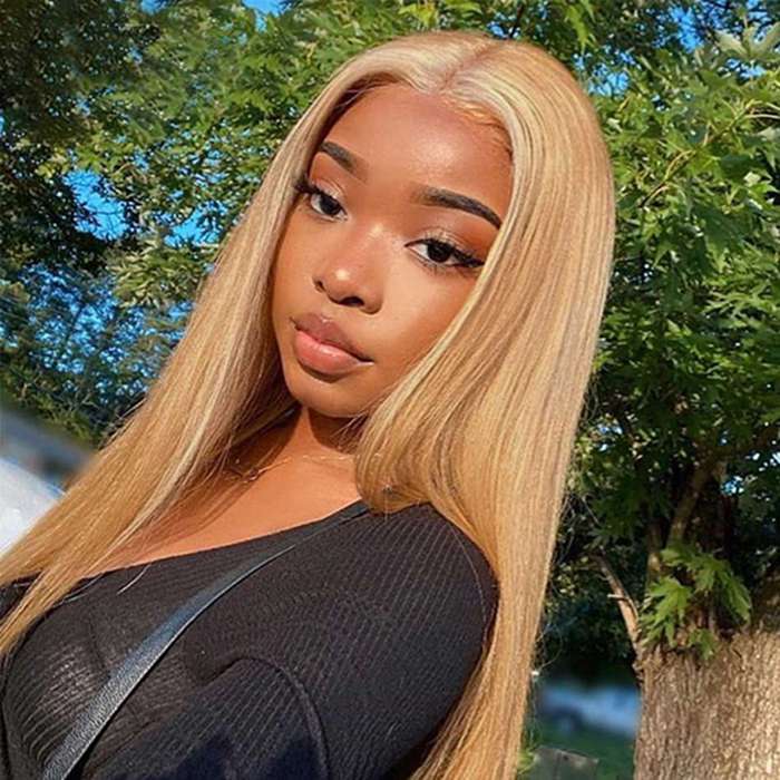 27 Hair Color Honey Blonde Straight Brazilian Human Hair 4x4 Lace Closure Wig