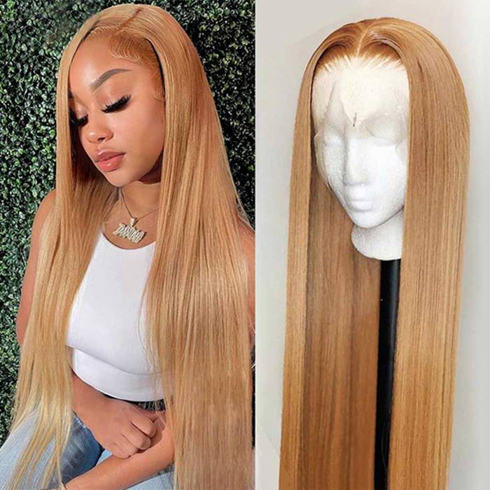 27 Hair Color Honey Blonde Straight Brazilian Human Hair 4x4 Lace Closure Wig