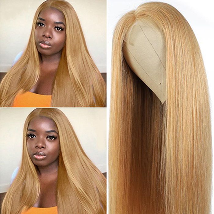 27 Hair Color Honey Blonde Straight Brazilian Human Hair 4x4 Lace Closure Wig