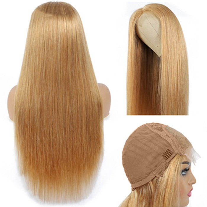 27 Hair Color Honey Blonde Straight Brazilian Human Hair 4x4 Lace Closure Wig