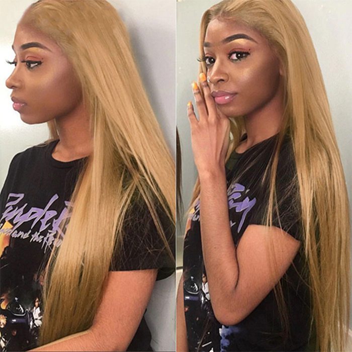 27 Hair Color Honey Blonde Straight Brazilian Human Hair 4x4 Lace Closure Wig