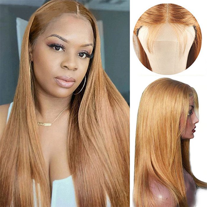 27 Hair Color Honey Blonde Straight Brazilian Human Hair 4x4 Lace Closure Wig