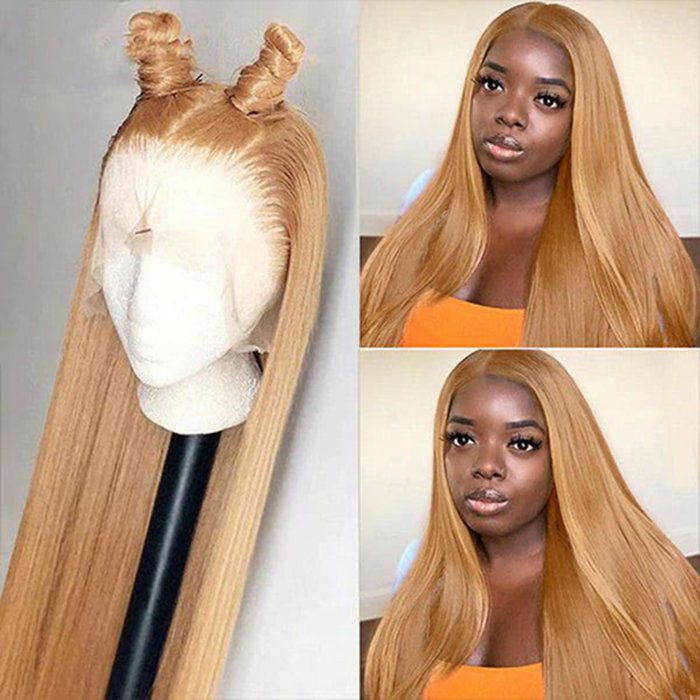 30 Inch Honey Blonde Straight Lace Front Wig 27 Hair Colored Transparent Frontal Wig
