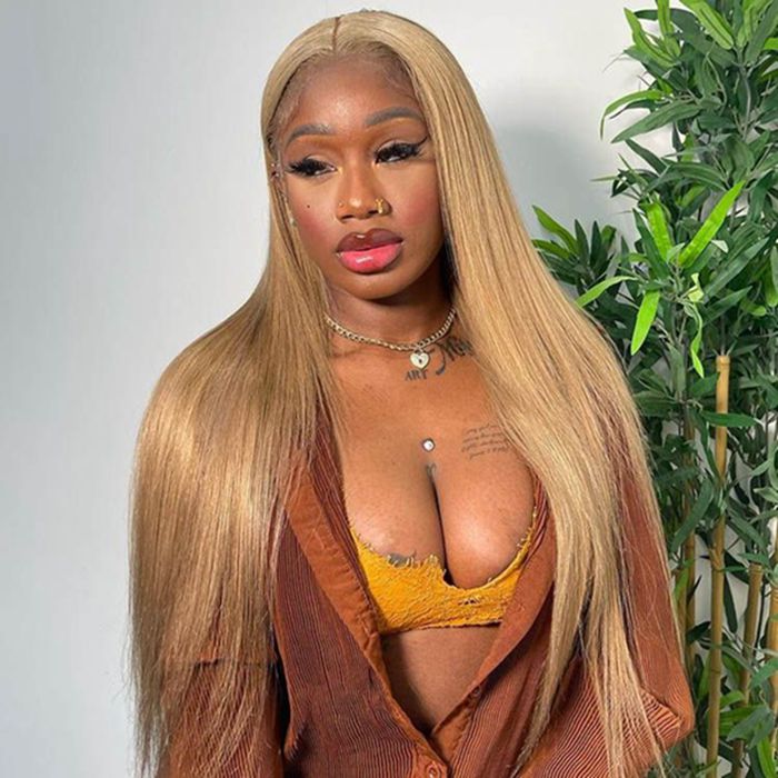 30 Inch Honey Blonde Straight Lace Front Wig 27 Hair Colored Transparent Frontal Wig