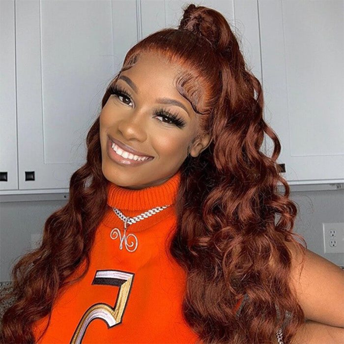 #33 Auburn Brown Body Wave 4x4 Lace Closure Glueless Colored Human Hair Wigs
