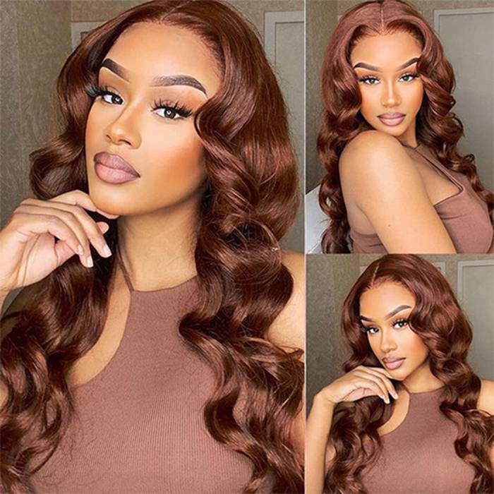 #33 Auburn Brown Body Wave 4x4 Lace Closure Glueless Colored Human Hair Wigs