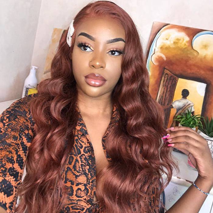 #33 Auburn Brown Body Wave 4x4 Lace Closure Glueless Colored Human Hair Wigs