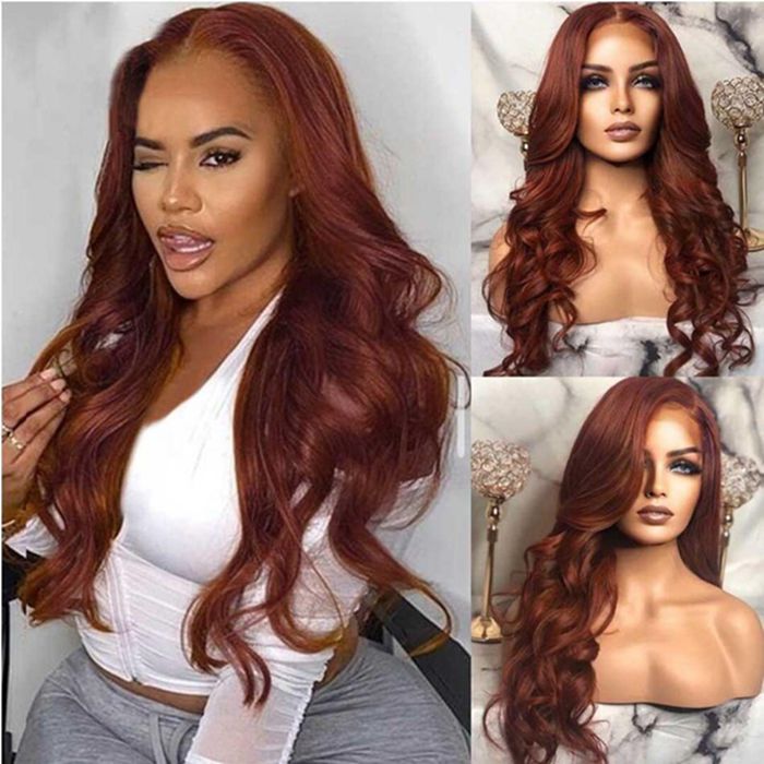 #33 Auburn Brown Body Wave 4x4 Lace Closure Glueless Colored Human Hair Wigs