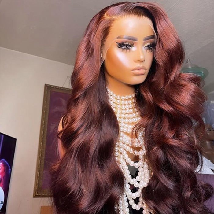 #33 Auburn Brown Body Wave 4x4 Lace Closure Glueless Colored Human Hair Wigs