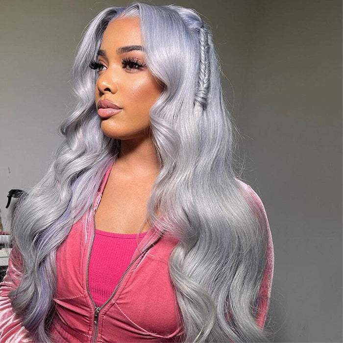 4x4 Silver Grey Body Wave Brazilian Human Hair Transparent HD Lace Closure Wigs
