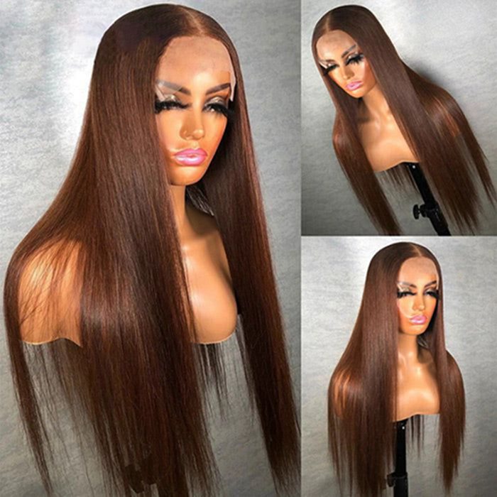 4x4 Transparent Lace Closure Wigs Color #4 Brown Straight Human Hair Wig Bleach Knots With Baby Hair