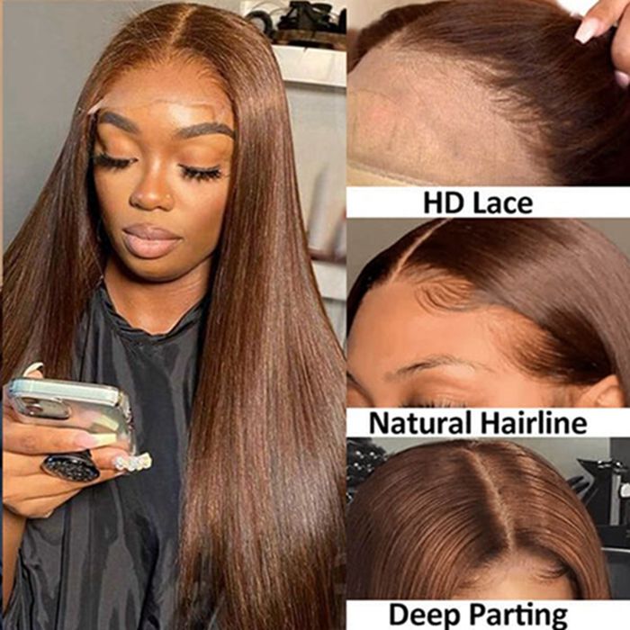 4x4 Transparent Lace Closure Wigs Color #4 Brown Straight Human Hair Wig Bleach Knots With Baby Hair