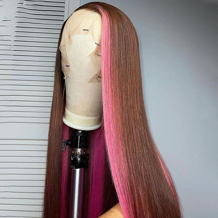 Brown Pink Lace Front Wig Bone Straight Human Hair Wig 13x4 Highlight Skunk Stripe Lace Front Human Hair Wigs