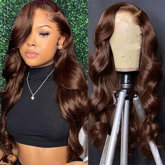 Brown Wig #4 Colored Human Hair 4x4 Lace Closure Wigs In Body Wave Hairstyle