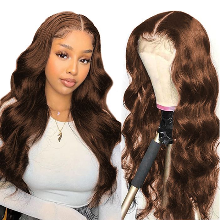 Brown Wig #4 Colored Human Hair 4x4 Lace Closure Wigs In Body Wave Hairstyle