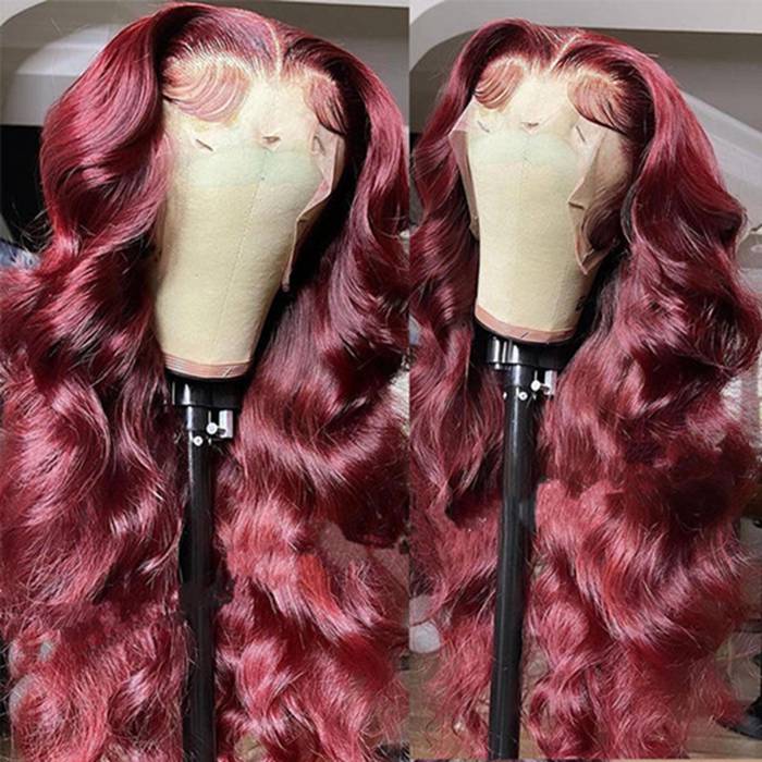 Burgundy 99J Color Body Wave 4x4 Lace Frontal Wig with Pre Pluck For Black Women