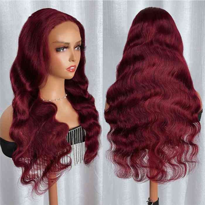 Burgundy 99J Color Body Wave 4x4 Lace Frontal Wig with Pre Pluck For Black Women