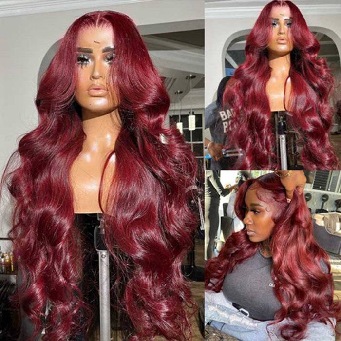 Burgundy 99J Color Body Wave 4x4 Lace Frontal Wig with Pre Pluck For Black Women