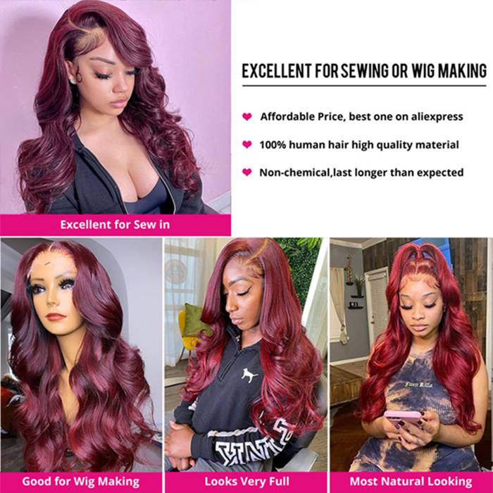 Burgundy 99J Color Body Wave 4x4 Lace Frontal Wig with Pre Pluck For Black Women