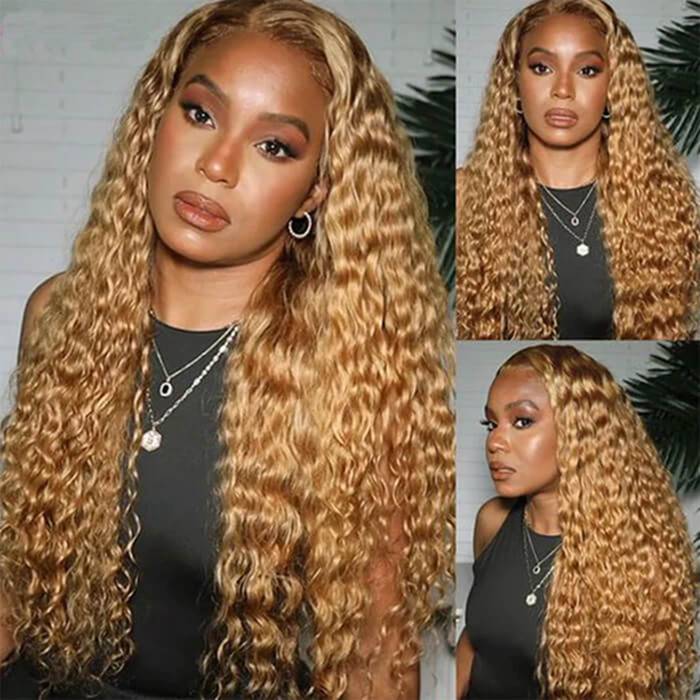 Deep Wave 27 Colored Human Hair Wigs Honey Blonde 13x4 13x6 Transparent Lace Frontal Wigs