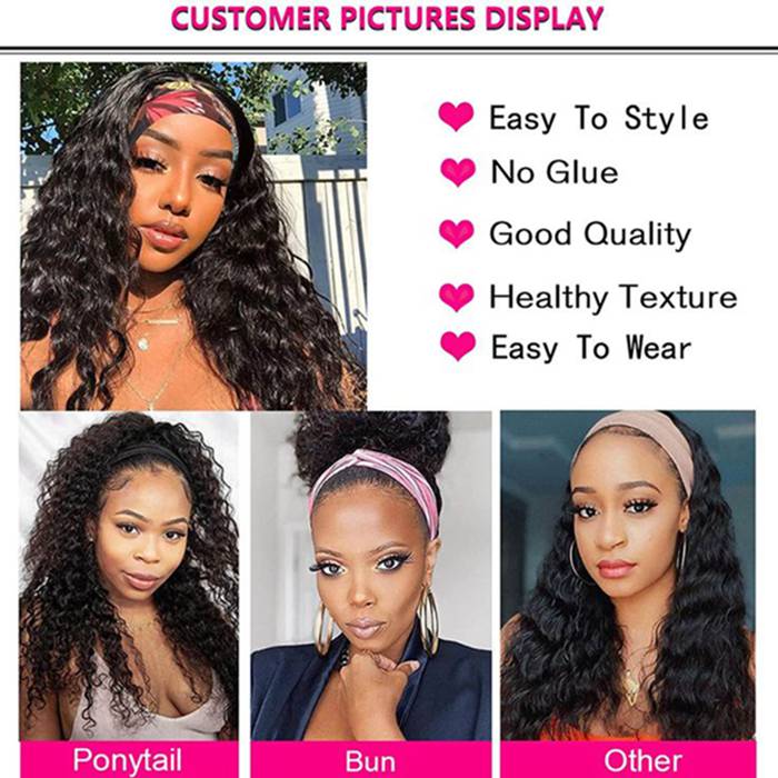 Deep Wave Headband Wigs Human Hair With Headband For Beginner