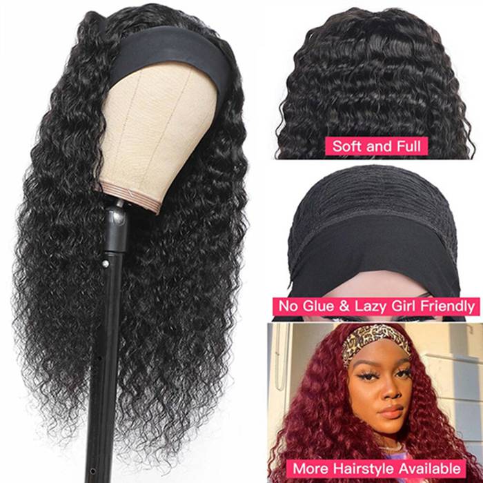 Deep Wave Headband Wigs Human Hair With Headband For Beginner