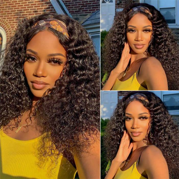 Deep Wave Headband Wigs Human Hair With Headband For Beginner