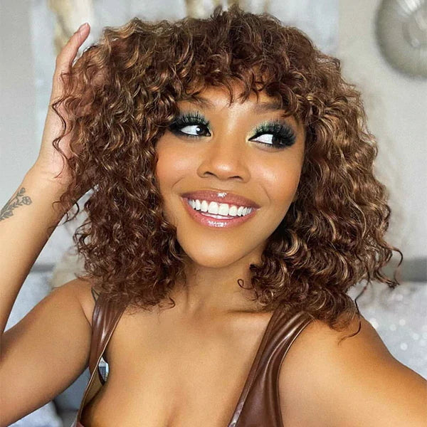 Flash Sale-P4/27 Highlight Curly Bob Wig With Bang 100% Human Hair
