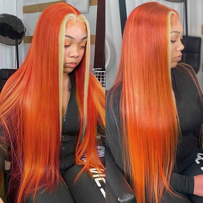 Ginger Wig With Blonde Highlights Colored Straight 13x4 Lace Front Wigs